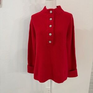 Talbots Red Jewel Half Button Henley Rib Knit Sweater Size M